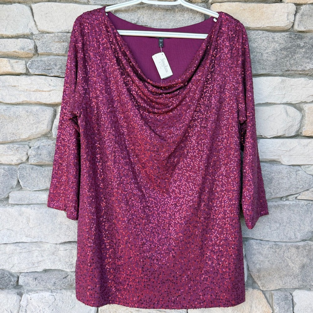 Eileen Fisher NWT Silk Sequin Cowl Neck Blouse Top Burgundy Plum M